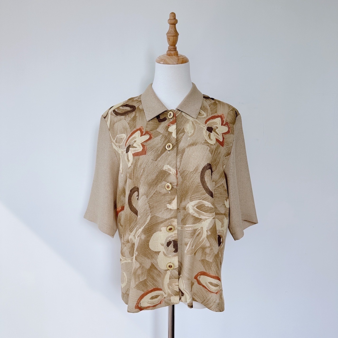 啡色油畫筆刷大花古着上衣