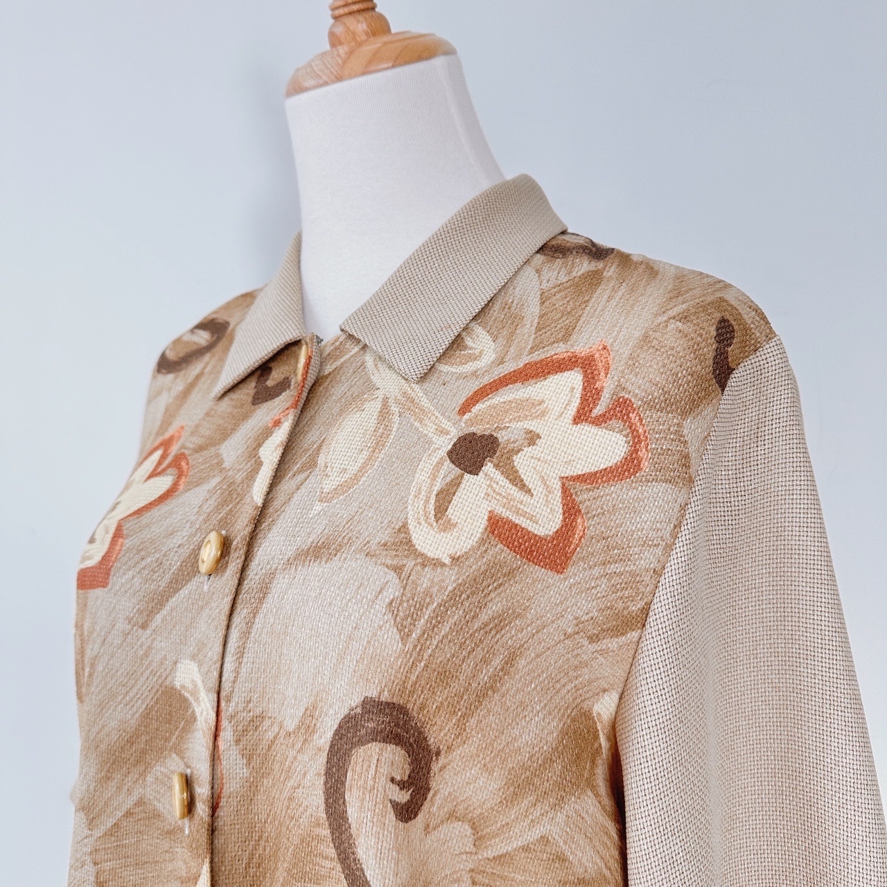 啡色油畫筆刷大花古着上衣