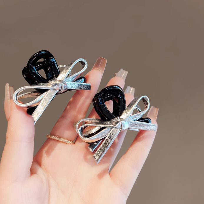 [4 FOR RM10] Silver Faux Leather Ribbon Mini Hair Claw