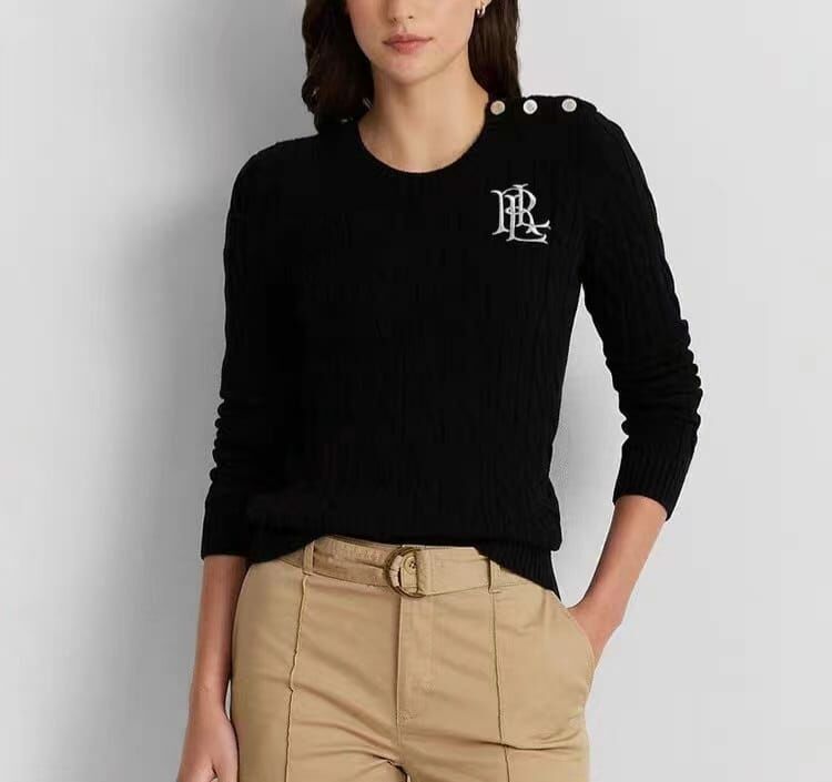 Ralph Lauren 女款黑色直條扭紋針織長袖