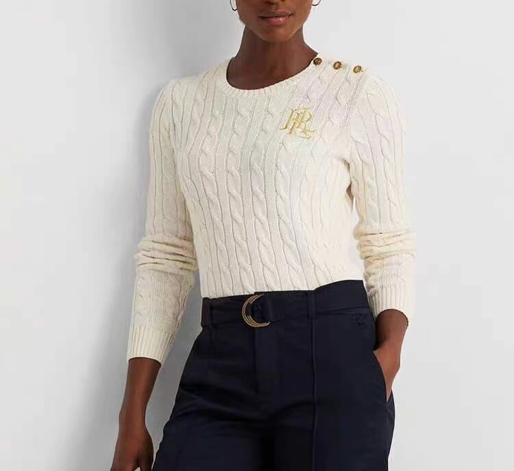 Ralph Lauren 女款白色直條扭紋針織長袖