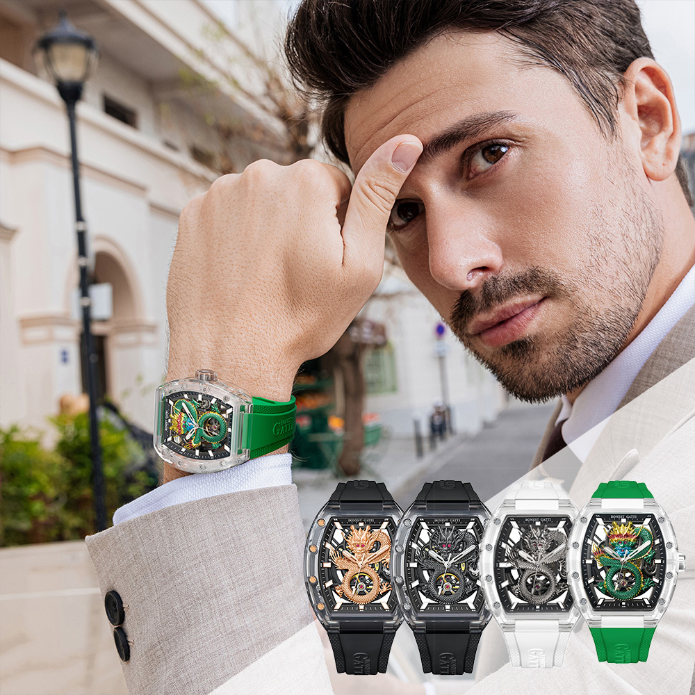 (預購)【Bonest Gatti】BG9980 透晶蟠 龍 鏤空 精雕東方龍 酒桶型 全自動機械錶