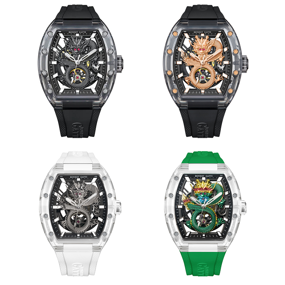 (預購)【Bonest Gatti】BG9980 透晶蟠 龍 鏤空 精雕東方龍 酒桶型 全自動機械錶