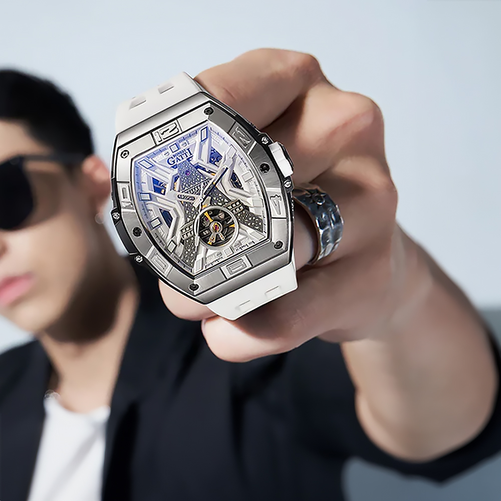 (預購)【Bonest Gatti】鐵塔之心 BG5001 酒桶型 奢華精緻鏤空 龐克英法時尚 個性男性 矽膠帶 自動機械錶 手錶