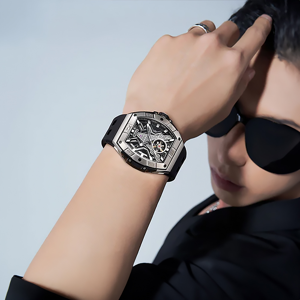 (預購)【Bonest Gatti】鐵塔之心 BG5001 酒桶型 奢華精緻鏤空 龐克英法時尚 個性男性 矽膠帶 自動機械錶 手錶