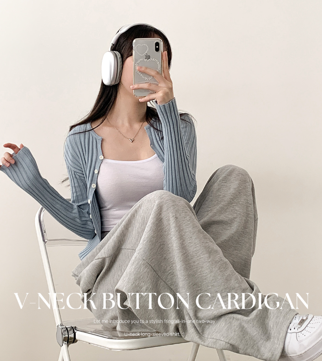 早秋現貨｜V領半短款羅紋針織開襟衫