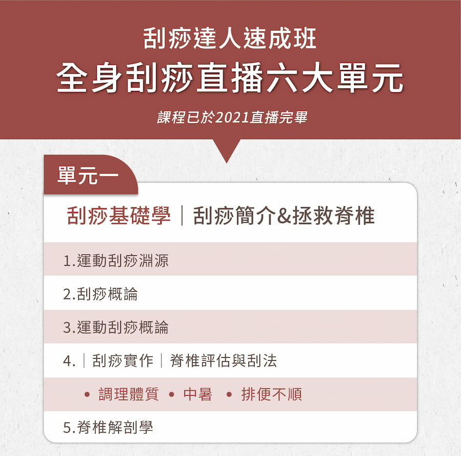 刮痧達人速成班，MGA卉君老師教妳全身刮痧直播六大單元，簡單上手科學刮痧！拯救脊椎，調理體質、緩解中暑和排便不順的困擾。