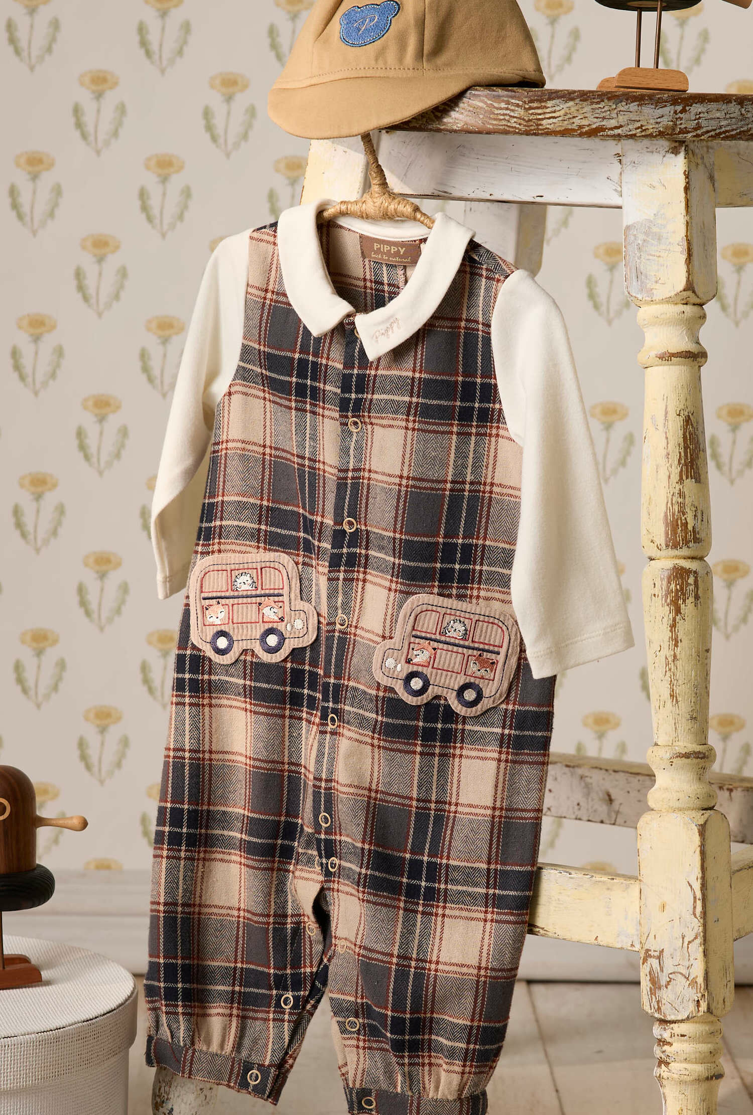 PIPPY經典格紋假兩件連身褲2件組禮盒 藍