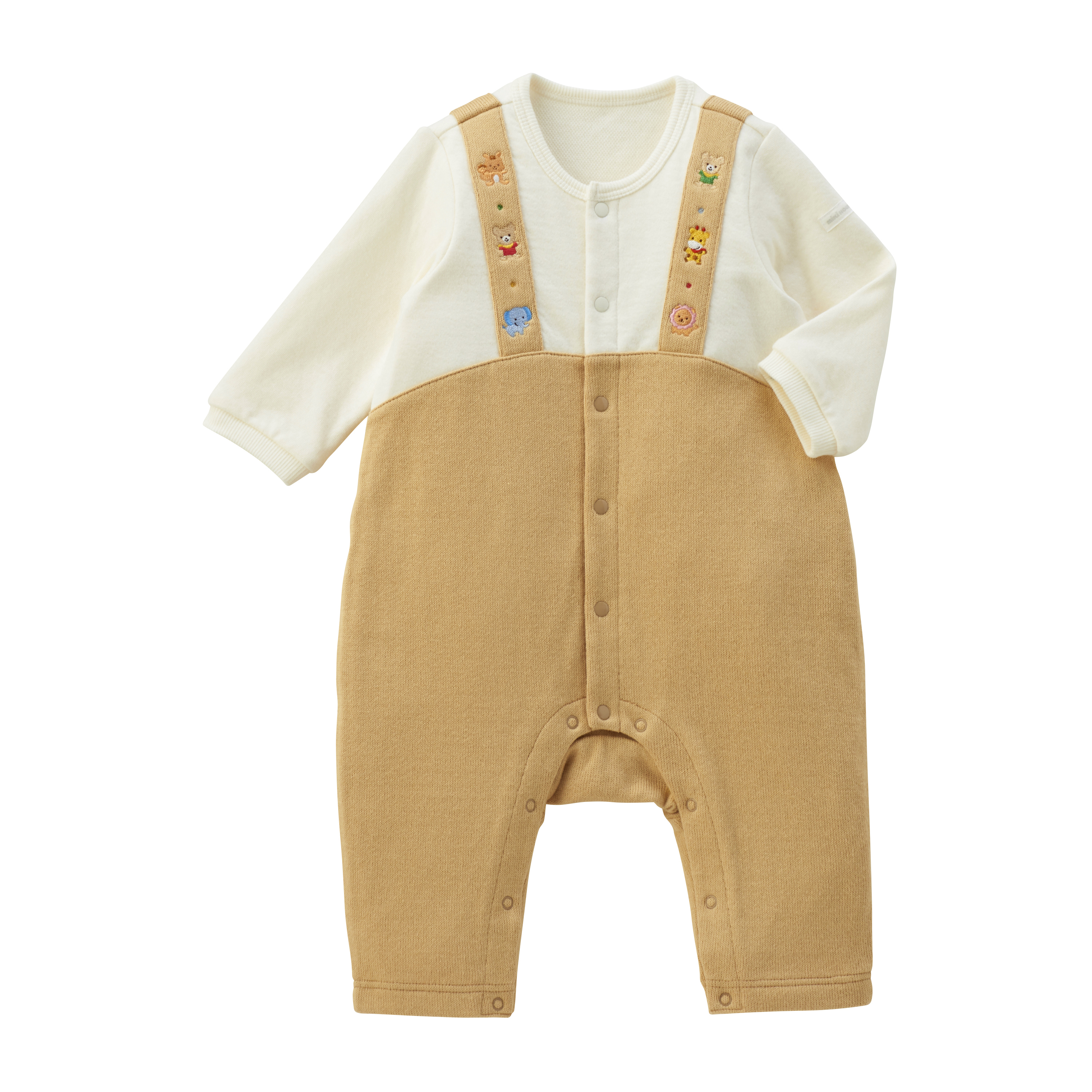 動物刺繡吊帶風格長袖連身衣-駝