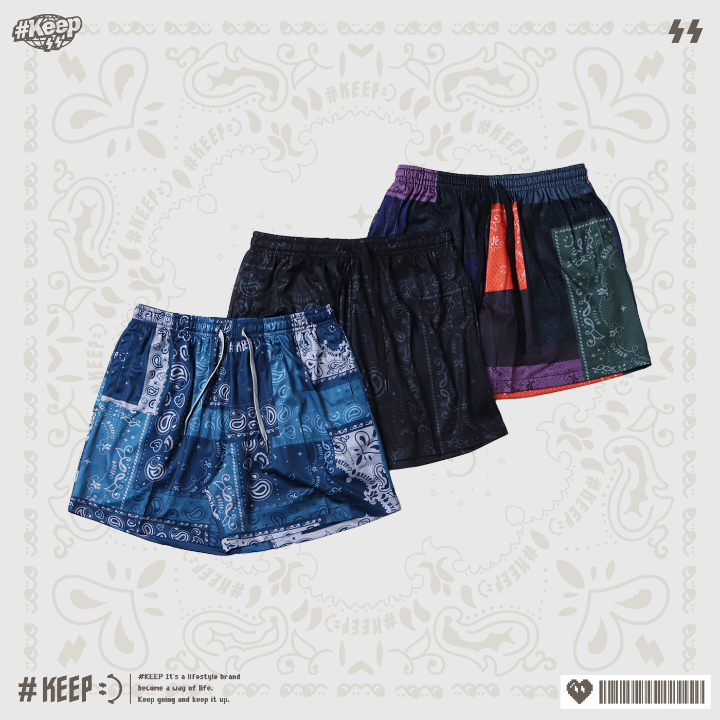 [特價售出無退換] #KEEP PAISLEY SHORTS 黑色 彩色拼接 藍色 變形蟲 腰果花 圖騰 抽繩 短褲 球褲【KS123】ABshorts