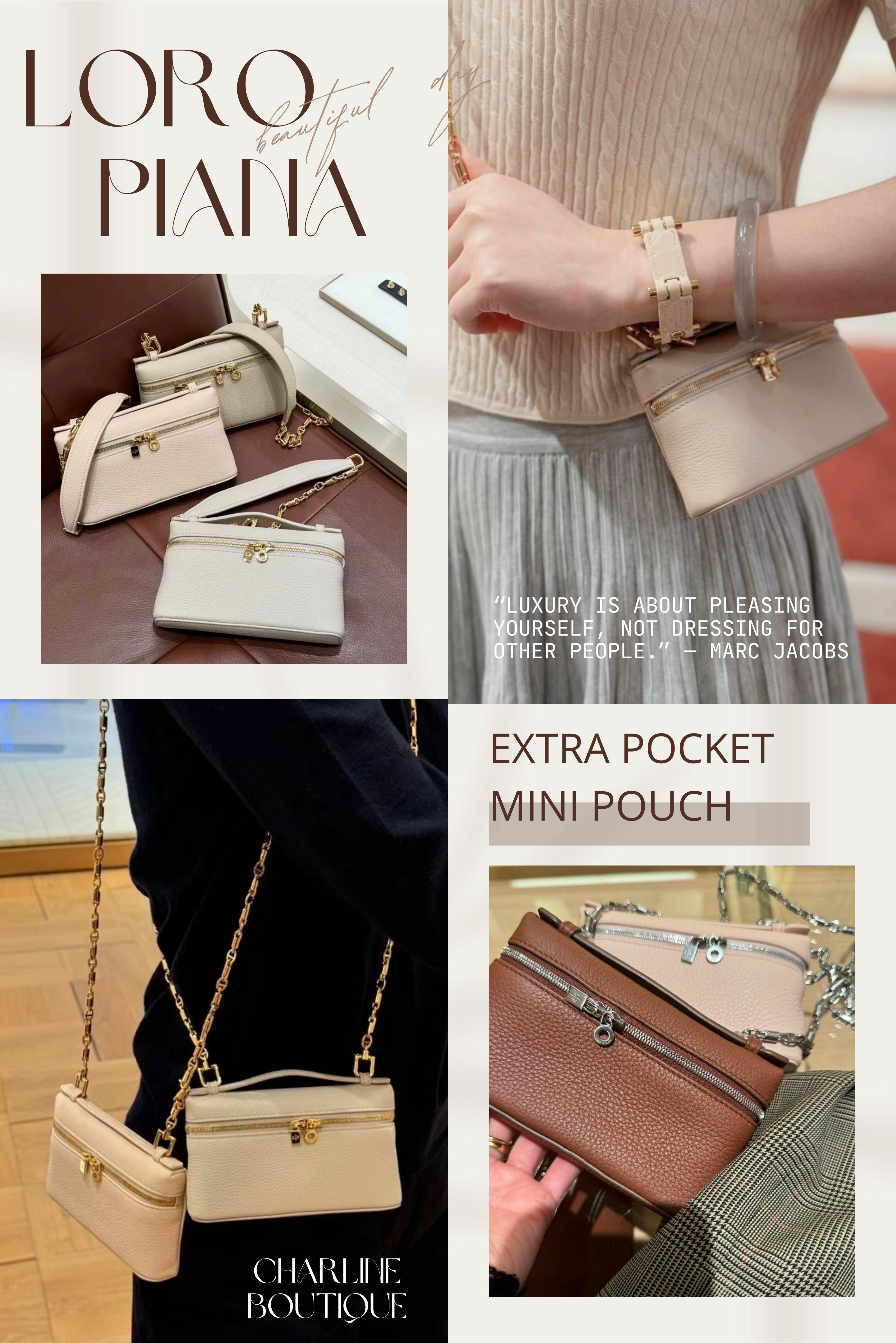 Extra Pocket Mini Pouch  首先要介紹的Extra Pocket Mini Pouch是Extra Pocket系列裡面最小尺寸的包款 ，尺寸約 : 長15cm x 寬3cm x 高9cm，不同於其它尺寸，除了手提把外，配置的是可拆卸的金屬鍊帶部分的皮革背帶，讓上肩不覺得有壓力，這個大小大概只有L19的一半，裝些小東西不成問題，迷你包款就是可愛爆棚，很適合想要低調裝可愛的時尚愛好者！