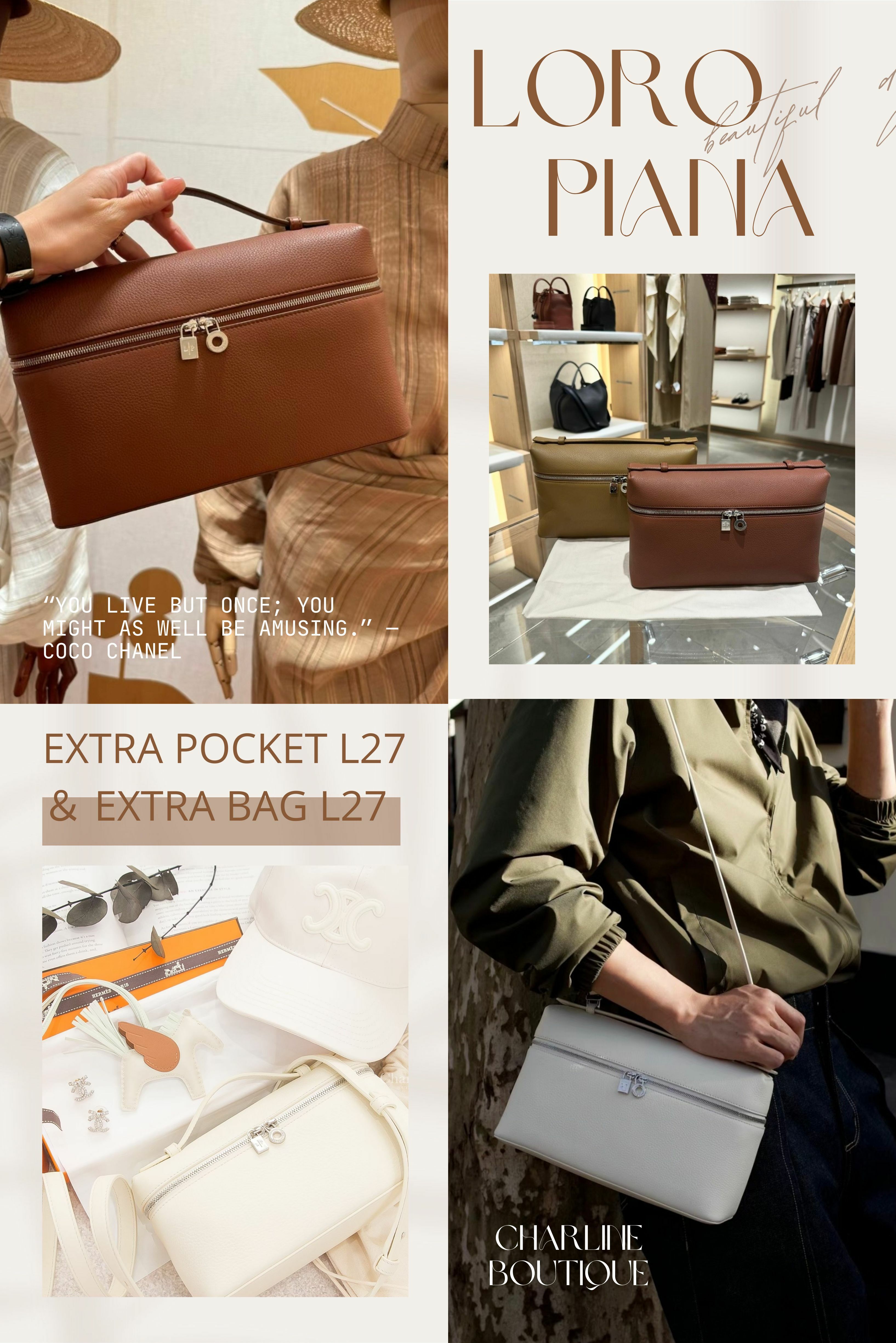 Extra Pocket L27 ＆ Extra Bag L27  Extra Pocket L27 ＆ Extra Bag L27是斜背包中容量最大的一個 ，尺寸約 : 長27cm x 寬10cm x 高16cm ，可將日常所需的長夾、摺疊傘等大體積物品容納其中，一樣有可拆卸的背帶，完美符合了大容量包款的需求和現今的時尚潮流。這兩個包款在容量尺寸外型都非常相似，但Extra Bag有搭配鑰匙鎖頭及皮牌掛飾等細節且沒有固定的提把，只有滑動式的雙向背帶設計，不僅僅可以斜背，更可以雙肩背都沒問題，不管是Extra Pocket L27還是  Extra Bag L27，這個尺寸都超級迷人也很實用！