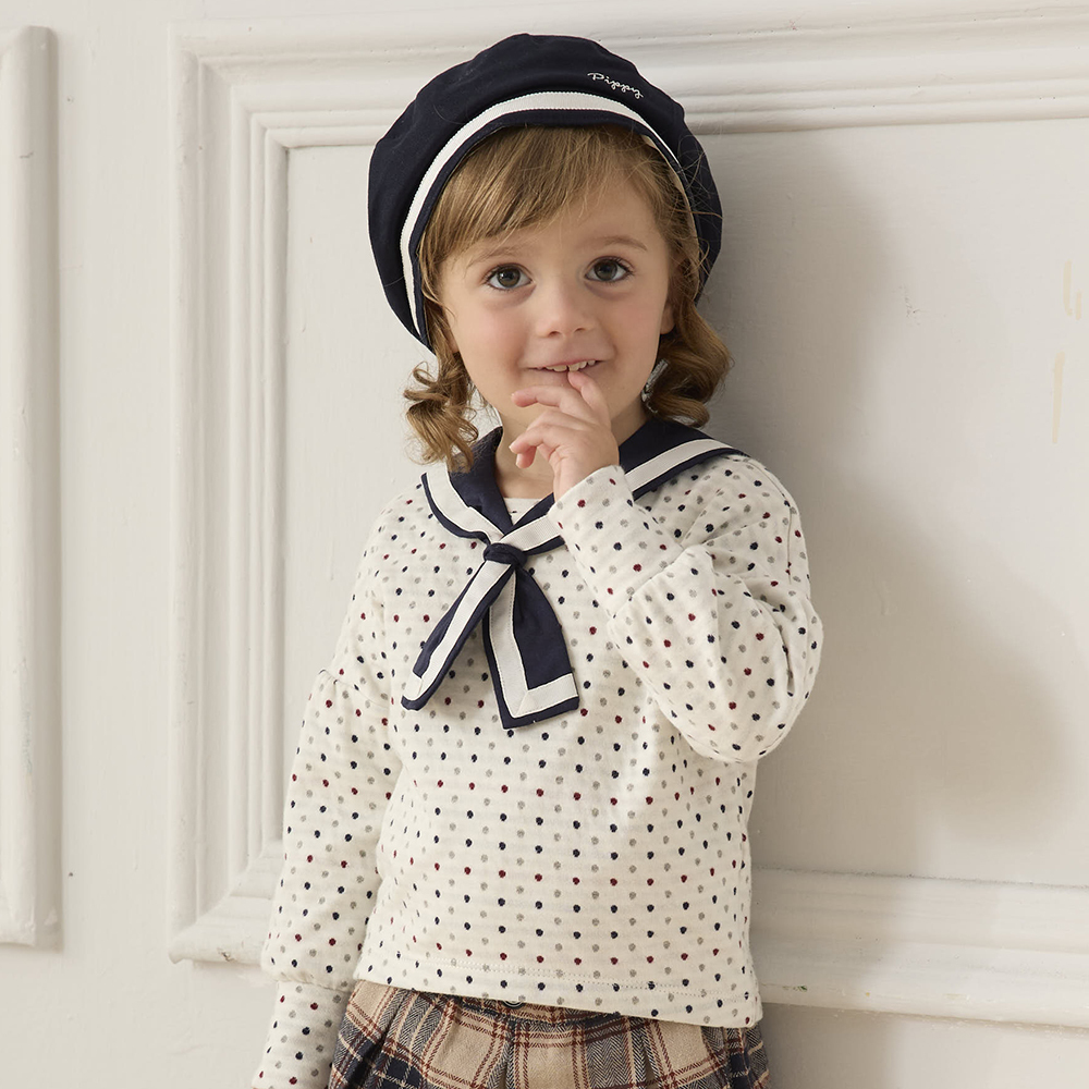 PIPPY優雅水手領小花刺繡棉質上衣 藍