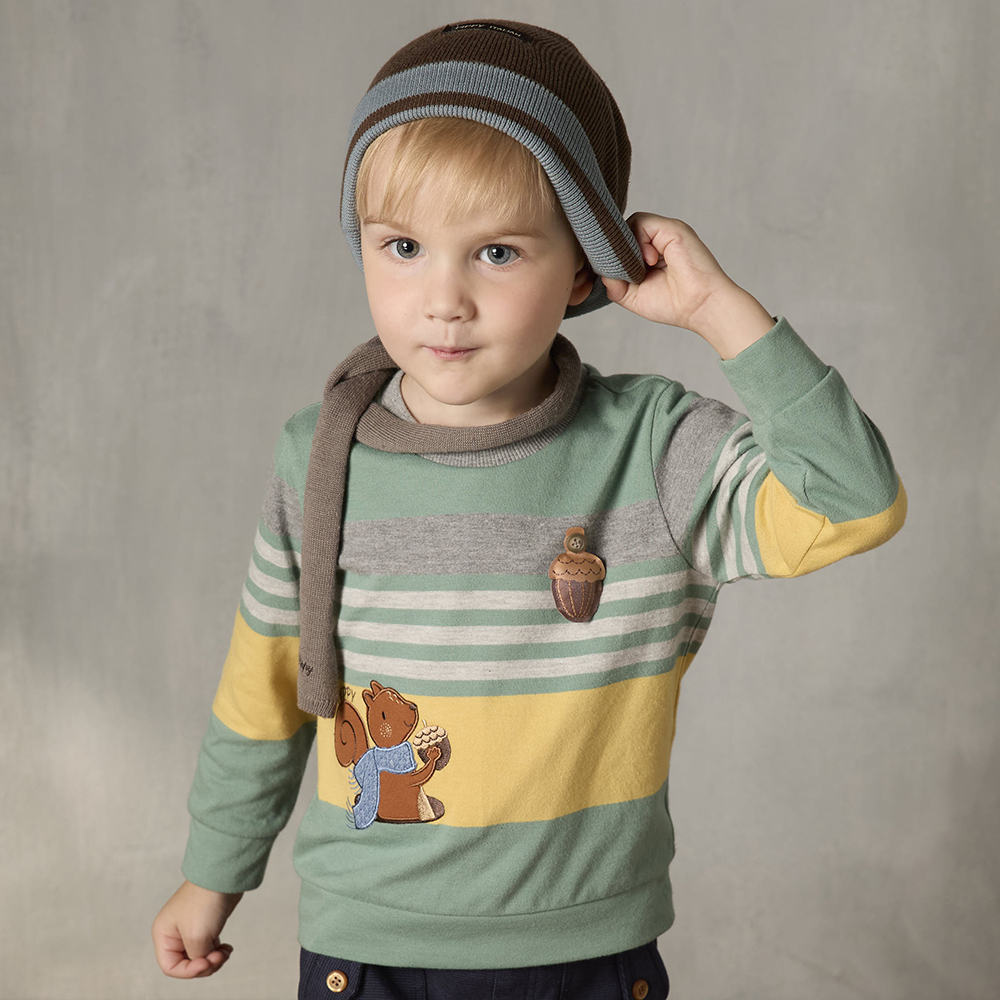 PIPPY 可愛小松鼠條紋圓領上衣 綠