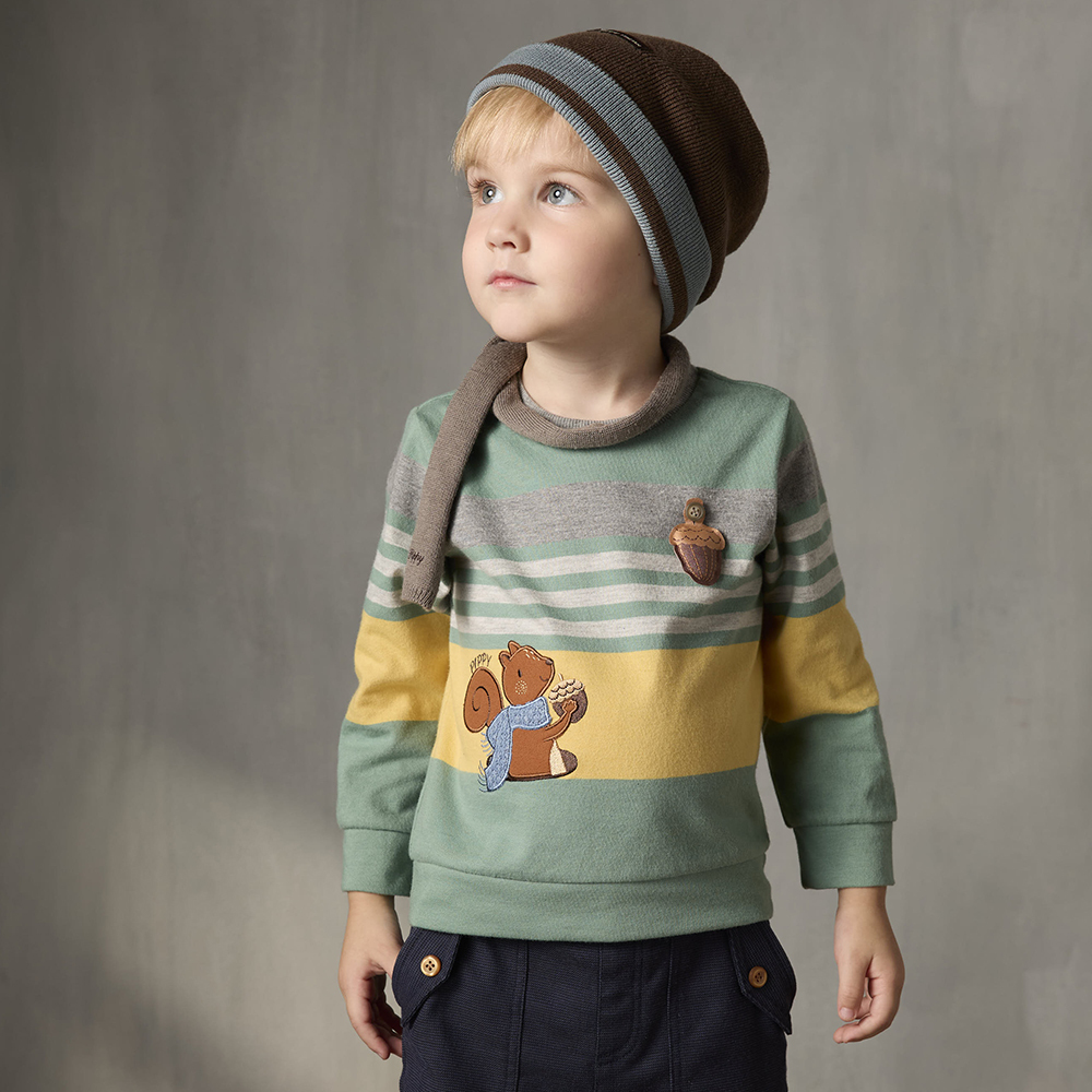 PIPPY 可愛小松鼠條紋圓領上衣 綠