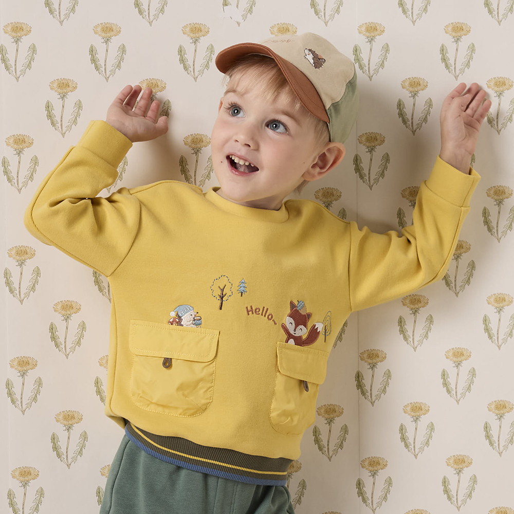 PIPPY 剪接雙口圓領哈囉小刺蝟與小狐狸棉質上衣 黃