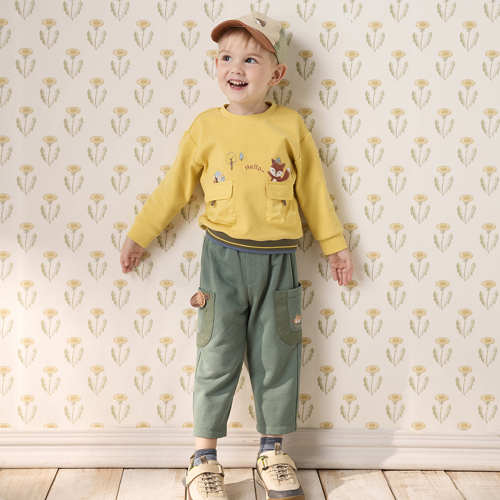 PIPPY 剪接雙口圓領哈囉小刺蝟與小狐狸棉質上衣 黃