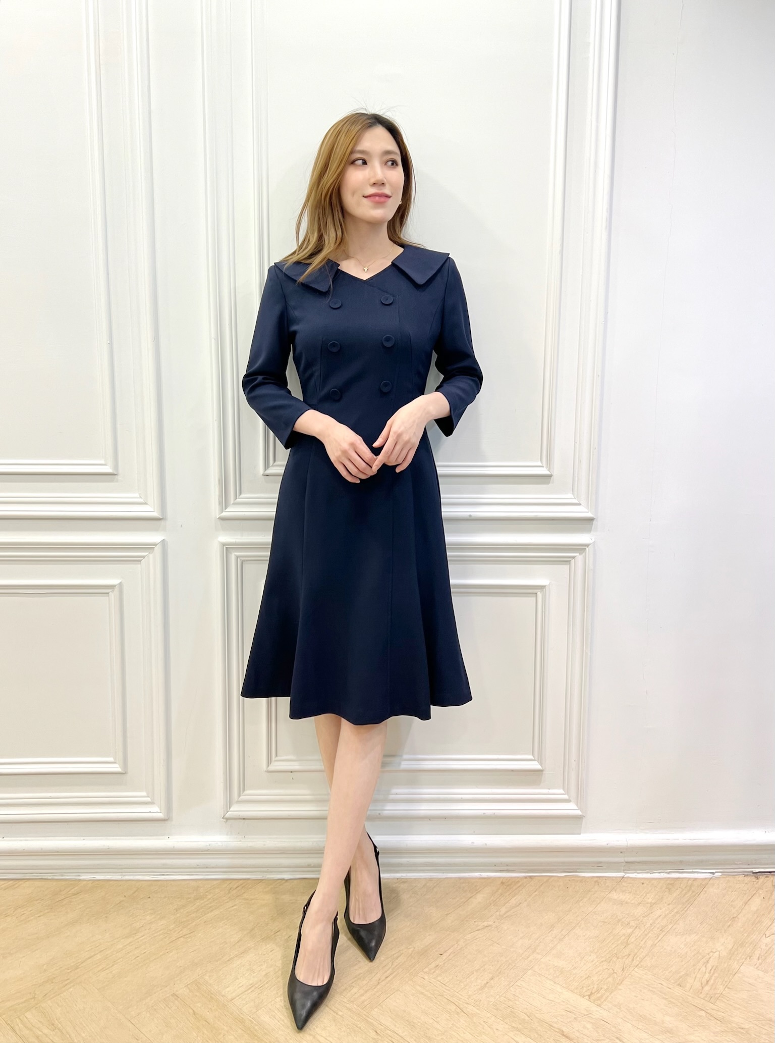 大翻領雙排釦七分袖傘洋