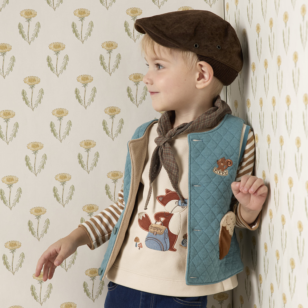 PIPPY 俏皮小狐狸野餐趣拼接條紋袖子圓領長袖上衣 米白