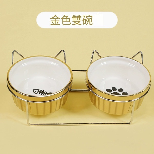 寵物陶瓷雙碗食盆【鍍金陶瓷雙碗】