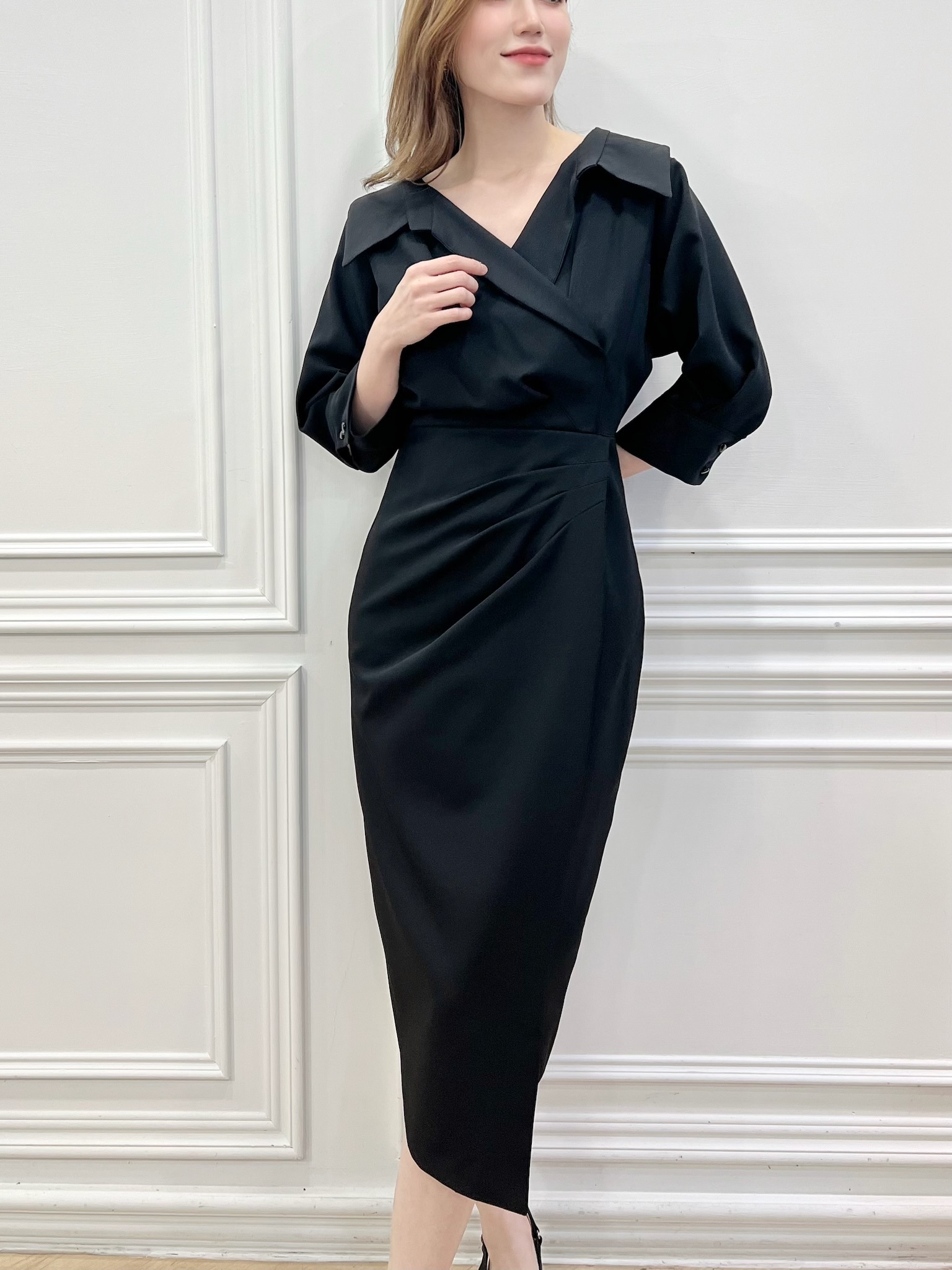 婉約大翻領澎袖抓皺洋