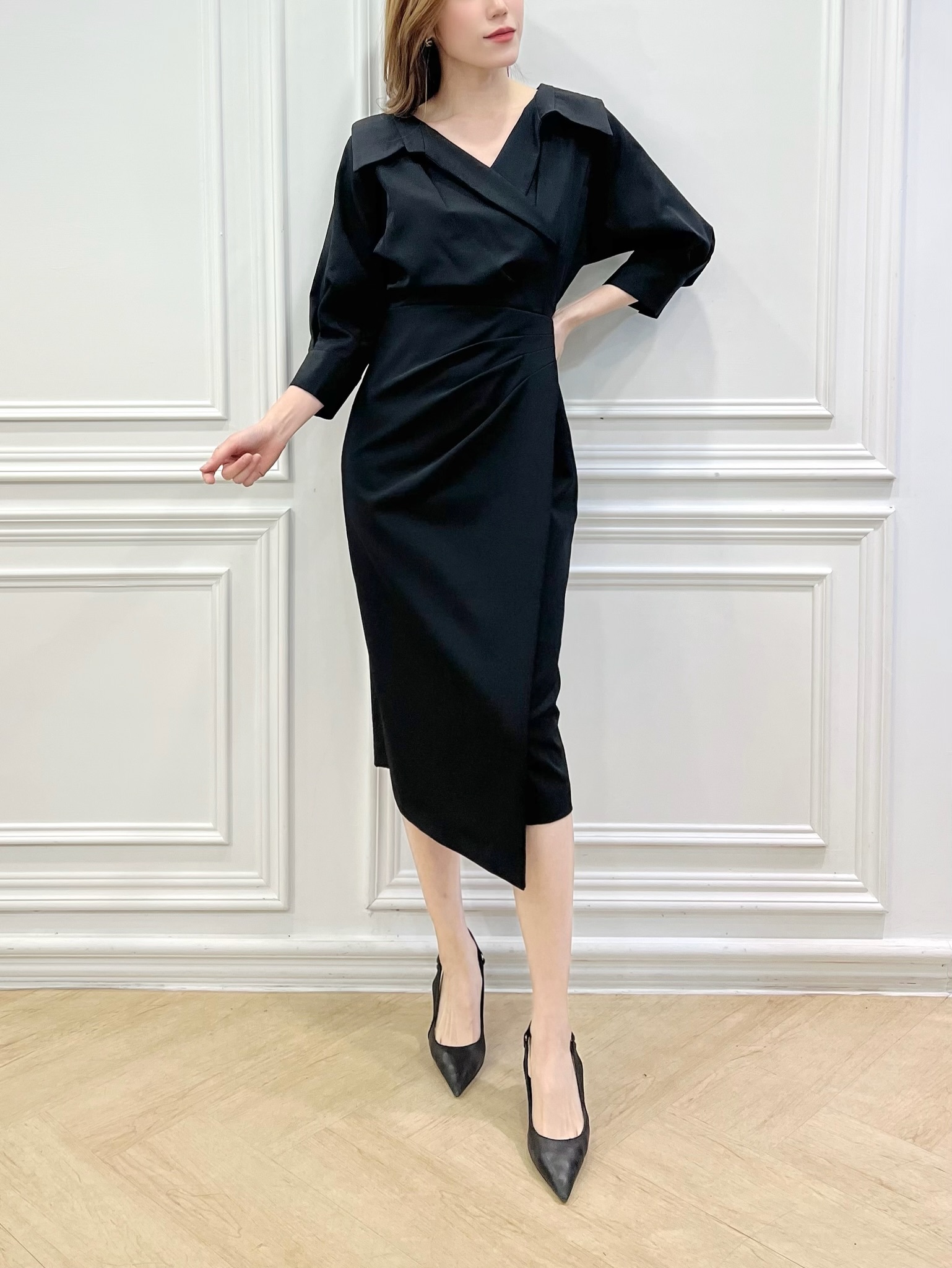 婉約大翻領澎袖抓皺洋