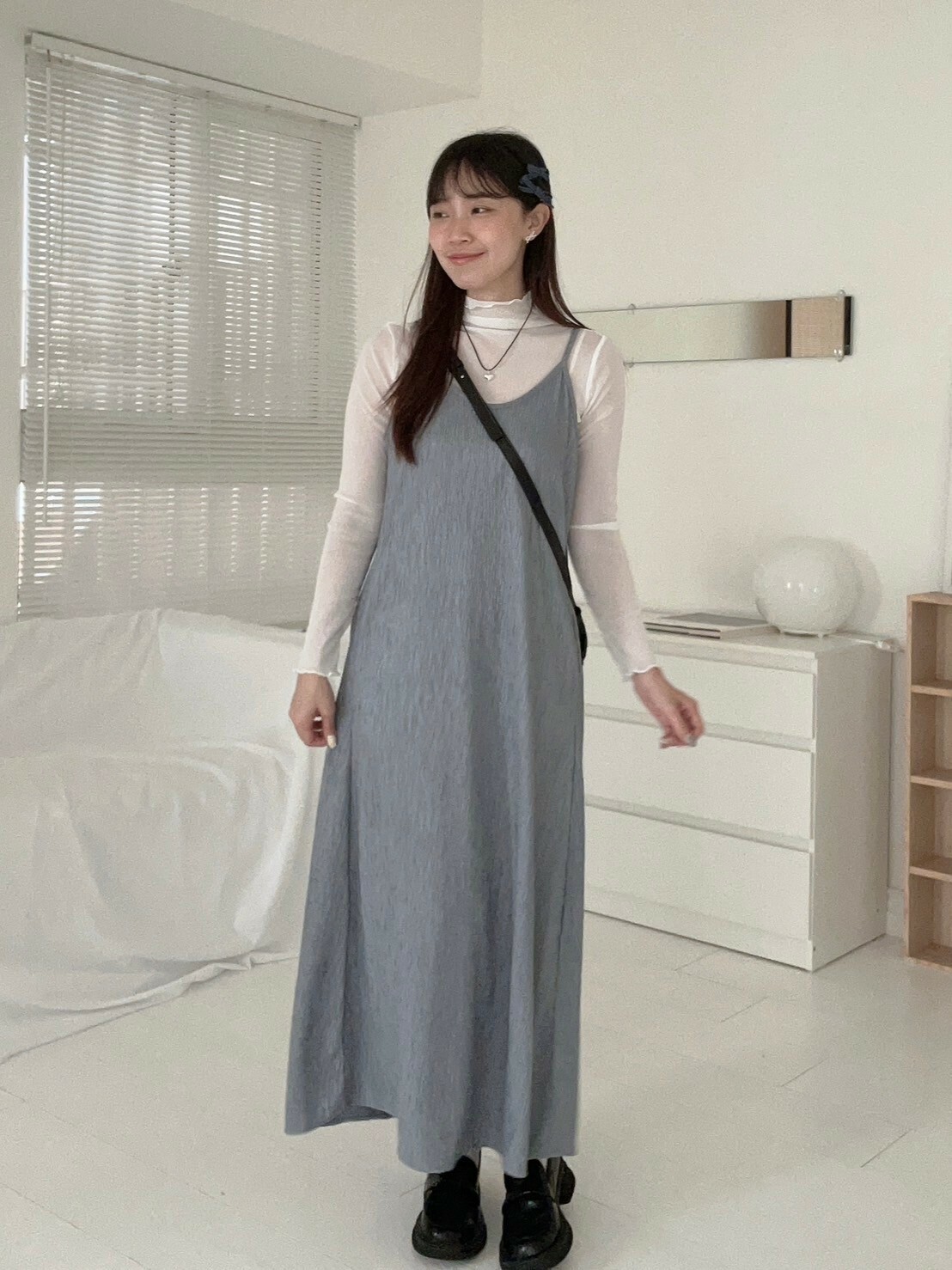 小清新女孩樹紋吊帶長洋 側隱藏口袋