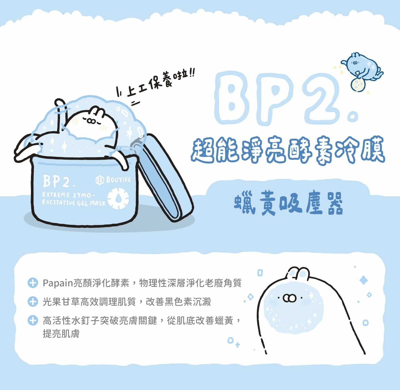 BP2 超能淨亮酵素冷膜效果｜富含木瓜酵素，溫和去除老廢角質，改善暗沉蠟黃，讓膚色更勻亮