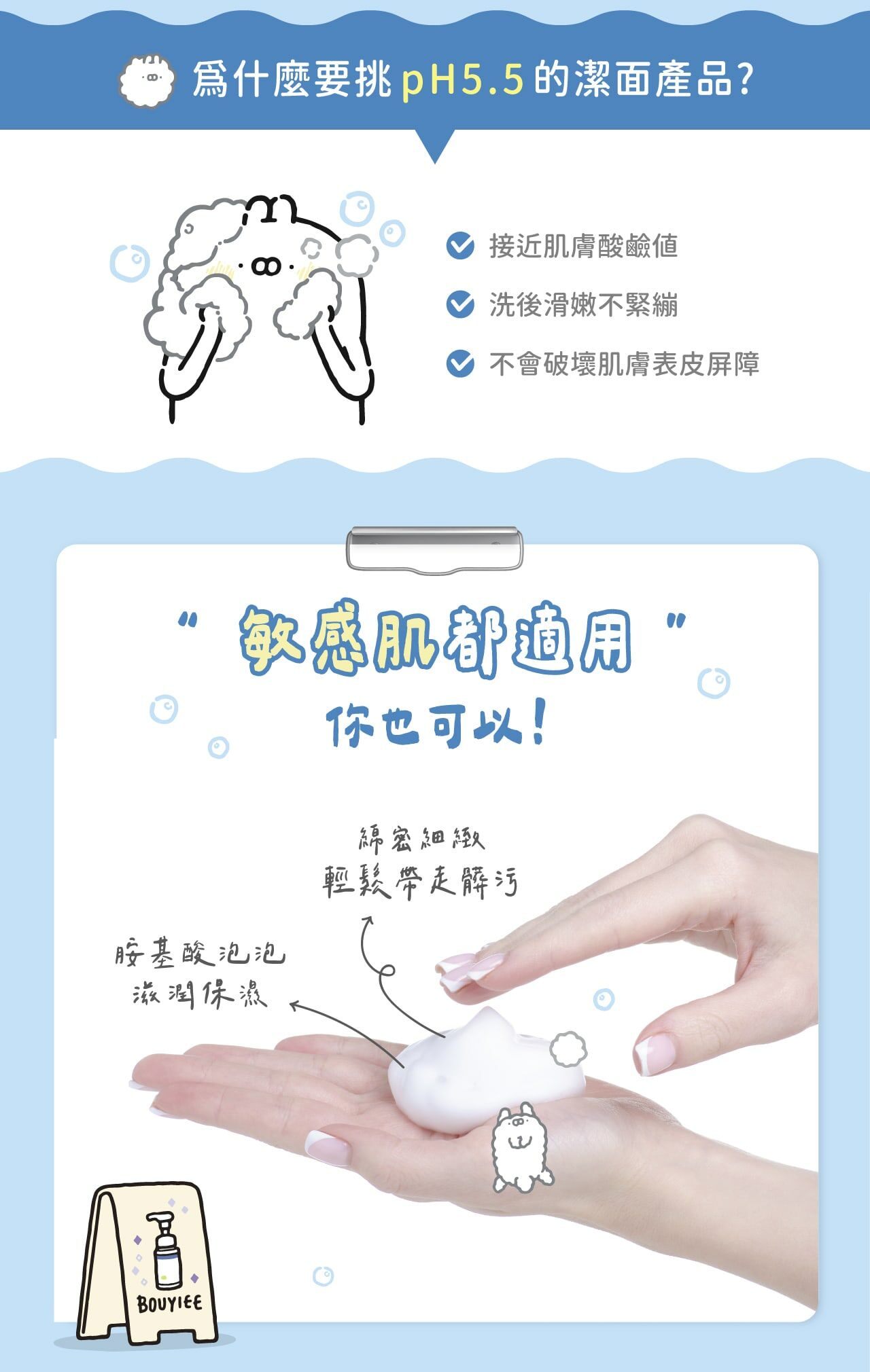 採用胺基酸介面活性劑,無皂鹼,洗後乾淨不緊繃