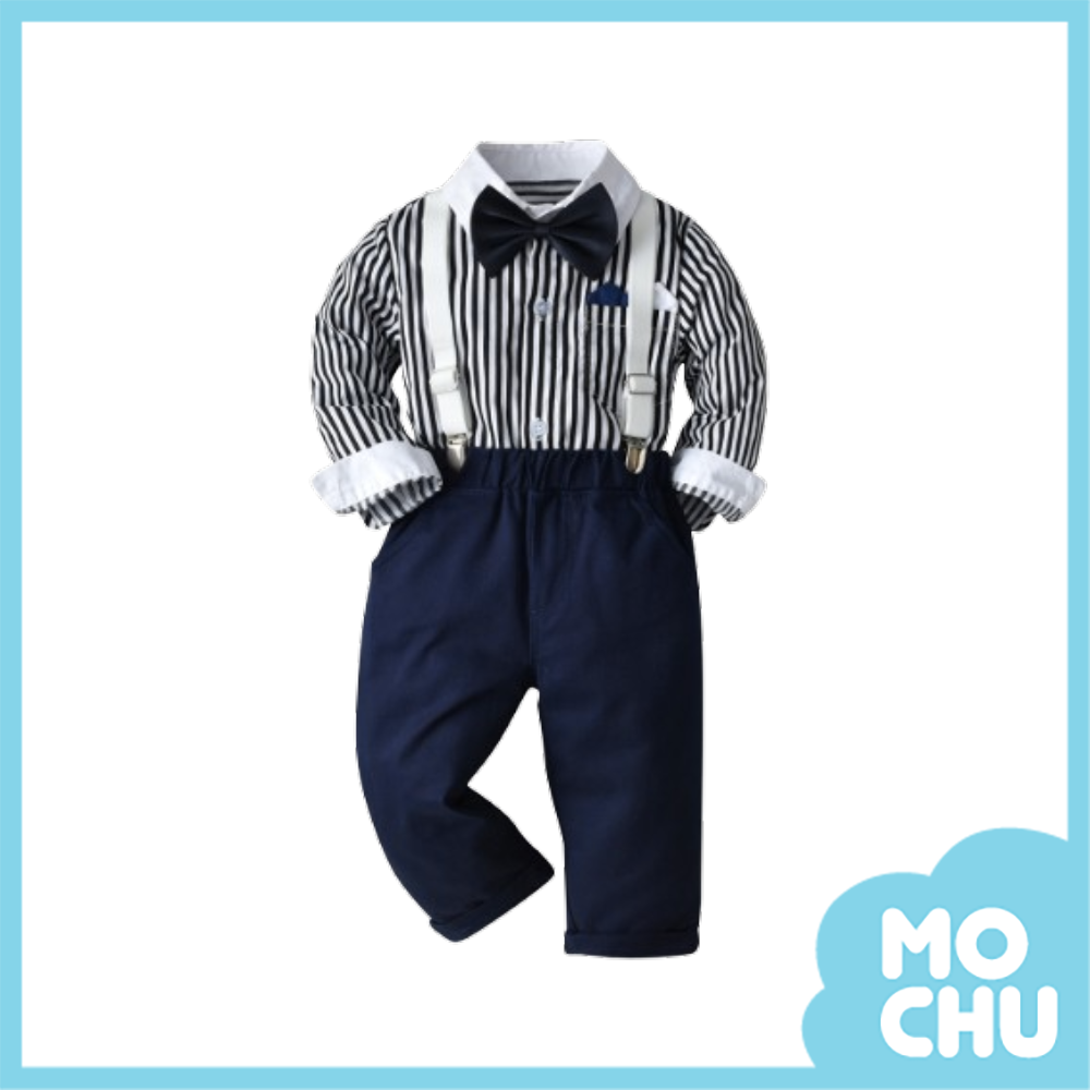 紳士白領條紋吊帶褲套裝(二色）