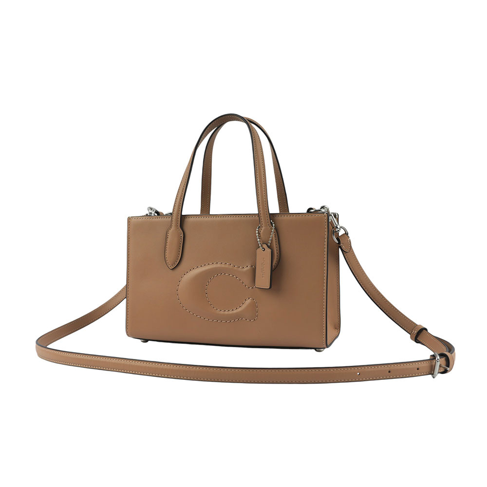 【COACH】Nina 銀釦縫線標誌小牛皮手提/斜背二用包(奶茶色) CR097 SVTP