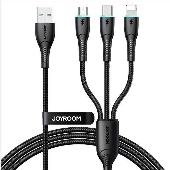 爆款- 3.5A 3in1快速充電線1.2m三合一叉電線SA33 1T3支持三口同時快充蘋果充電線apple充電線iphone充電線lighting Micro USB安卓充電線