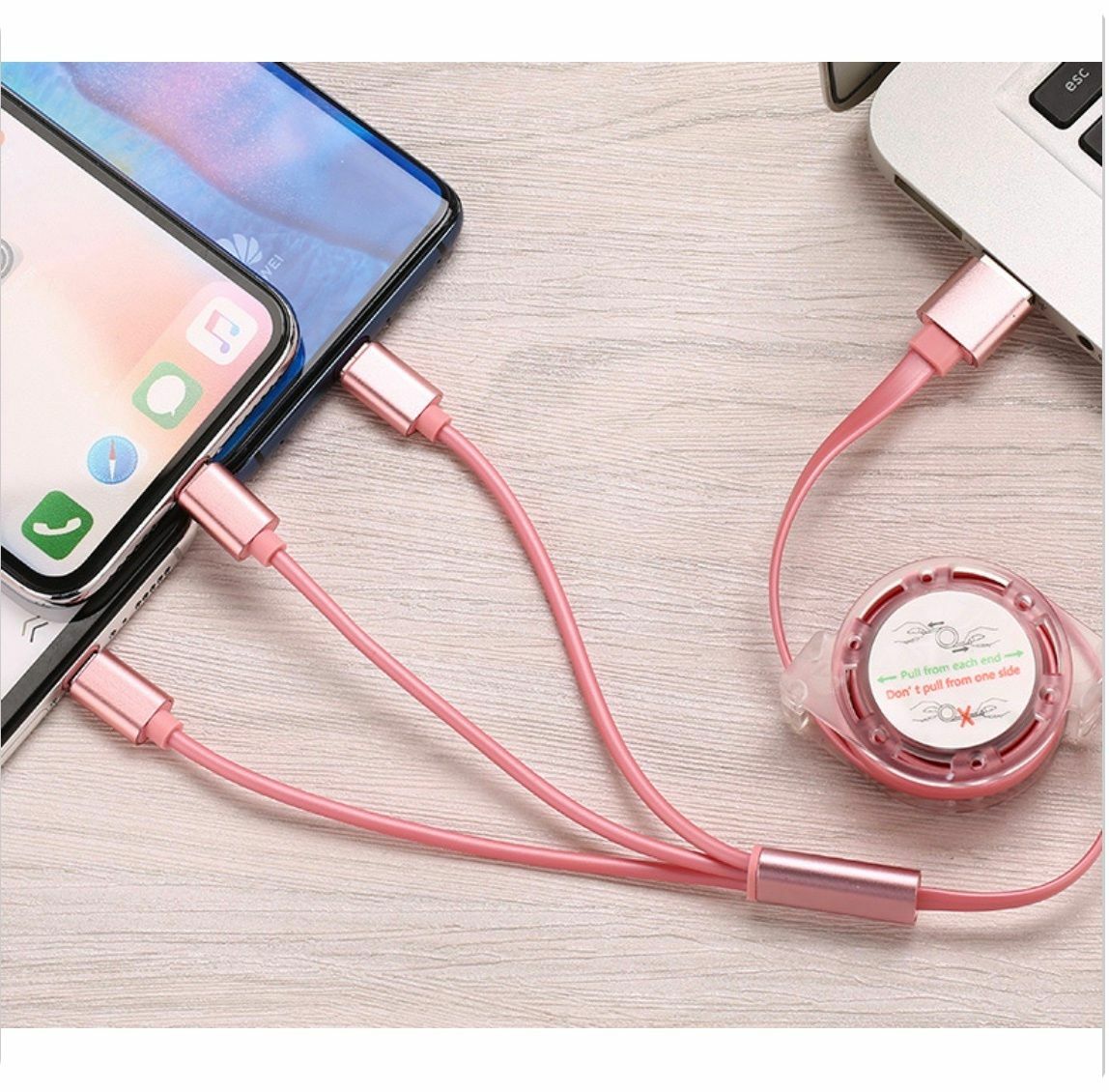 爆款伸縮一開三 加粗USB快速充電線 數据線 三合一(粉色-伸縮三合一)長度100cm