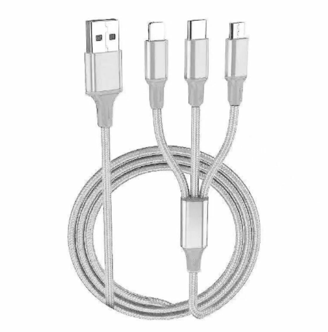 爆款暢銷歐美 一開三 加粗USB快速充電線 數据線 三合一(灰色-三合一)長度120cm