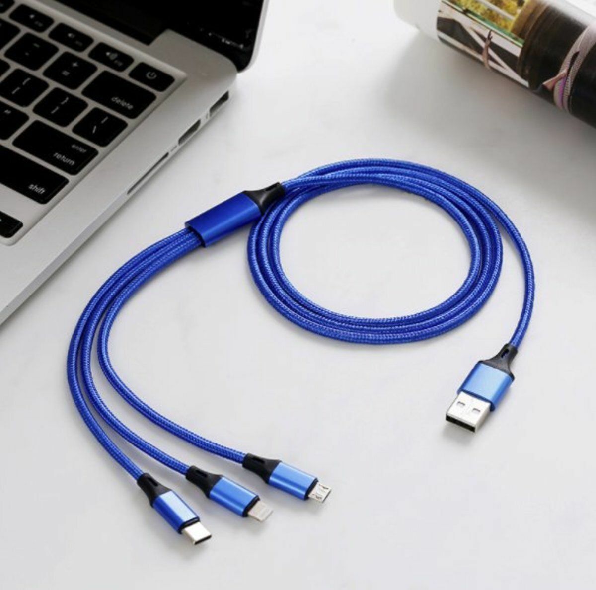 爆款3合1叉電 加粗防拉址充電線 iPhone Lightning Android Type C Micro USB 芭蕉扇充電 一拖三 一開三