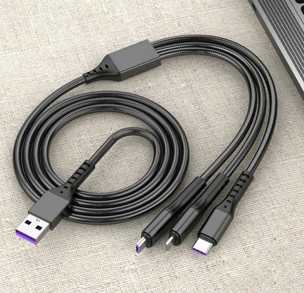 爆款一拖三加粗防拉址充電線1.2m iPhone Lightning Android Type C Micro USB 芭蕉扇充電 一拖三 一開三