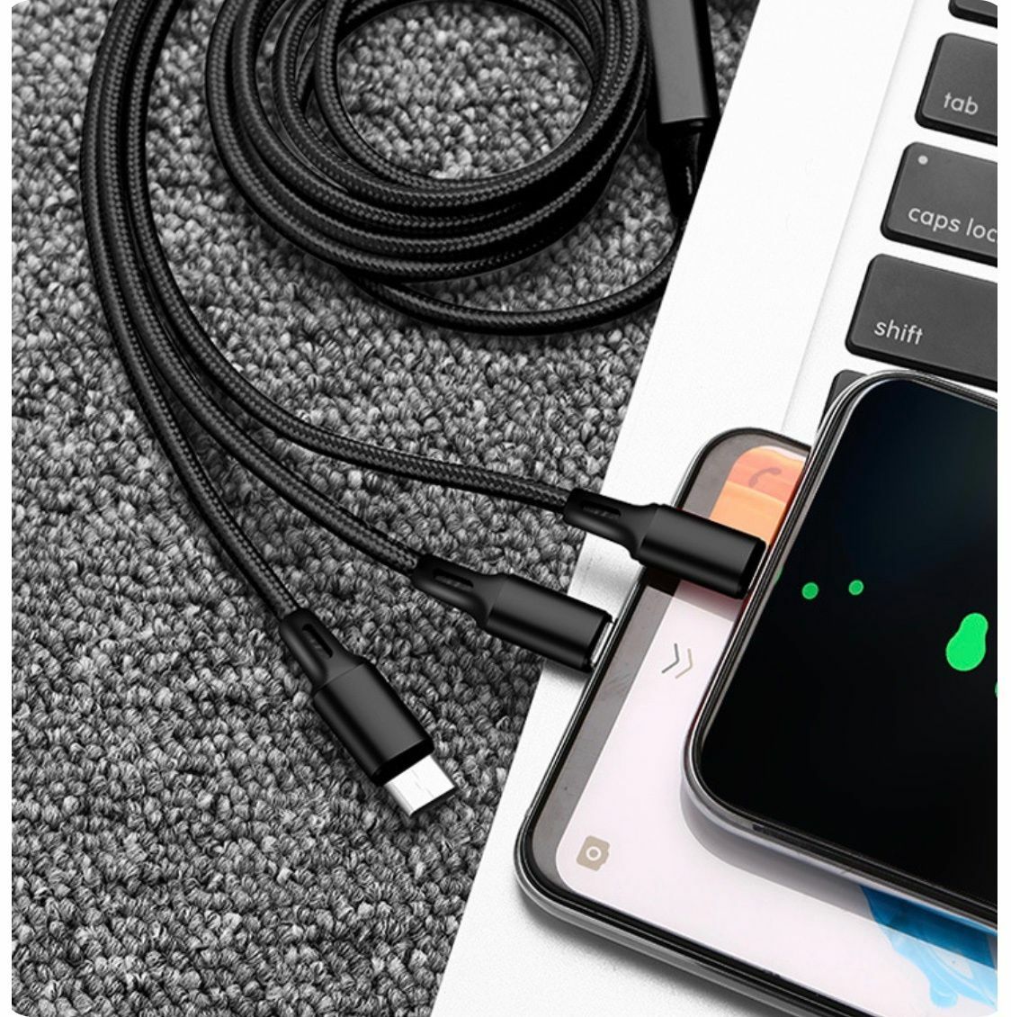 爆款暢銷歐美 一開三 加粗USB快速充電線 數据線 三合一(黑色-三合一)長度120cm