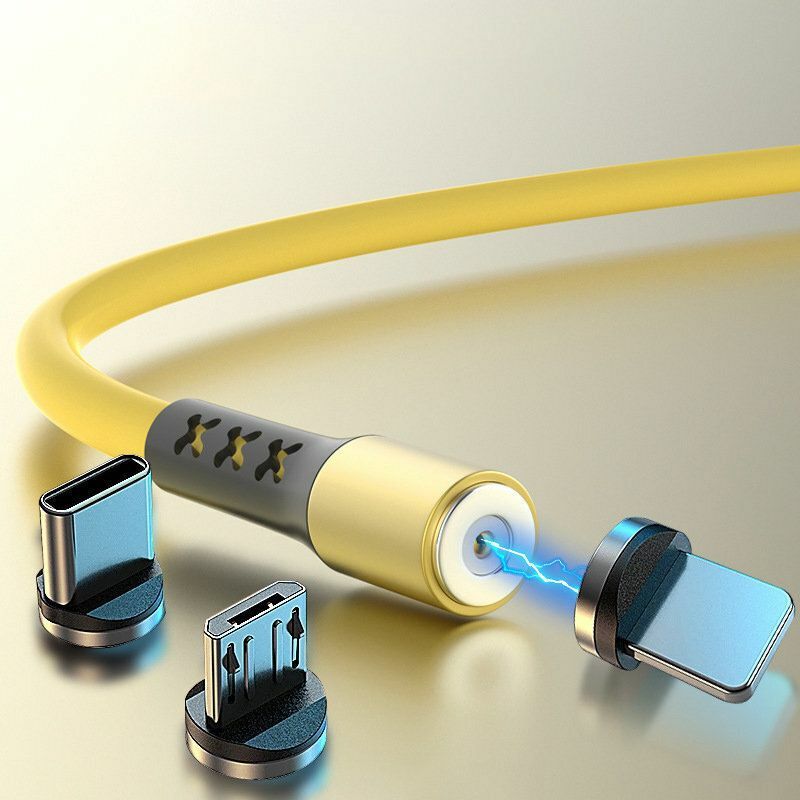 爆款磁吸數據線液態矽膠一拖三充電線-1米線+三頭 黃色 磁石充電線 iphone lightning Typc C microUSB