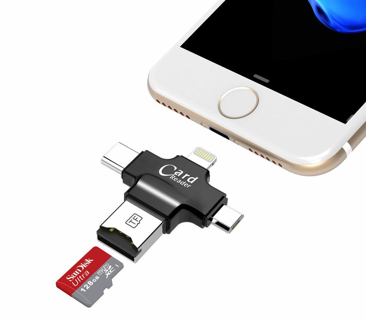Hot Selling 4-in-1 USB OTG Smartphone Card Reader (Black) Lightning TypeC Microsd card USB iPhone Samsung Ipad