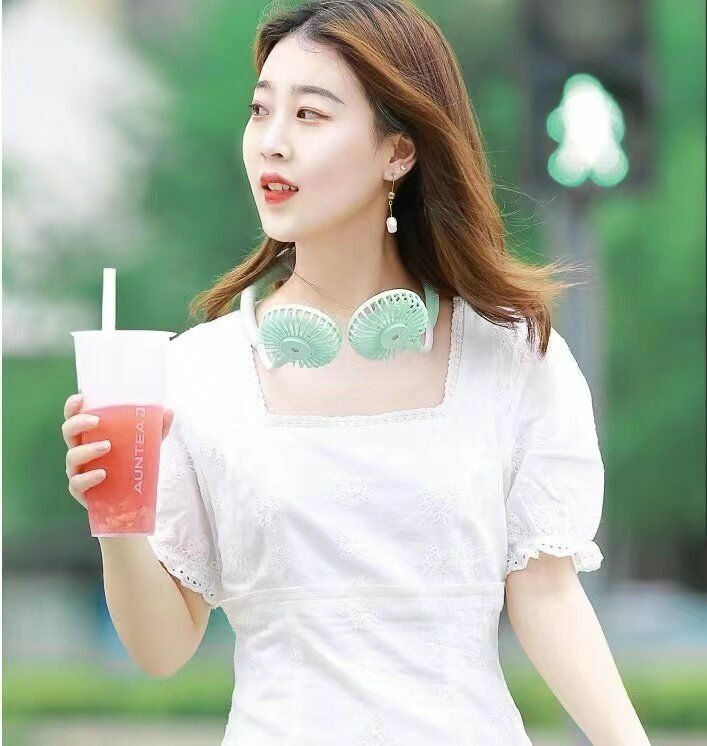 Hot Push Ice Fan White Cooling Bladeless Neck Fan Neck Fan Cooling and Heat Dissipation 3 Wind Speeds 360 Degree Rotation Built-in Rechargeable Battery USB Charging Silent