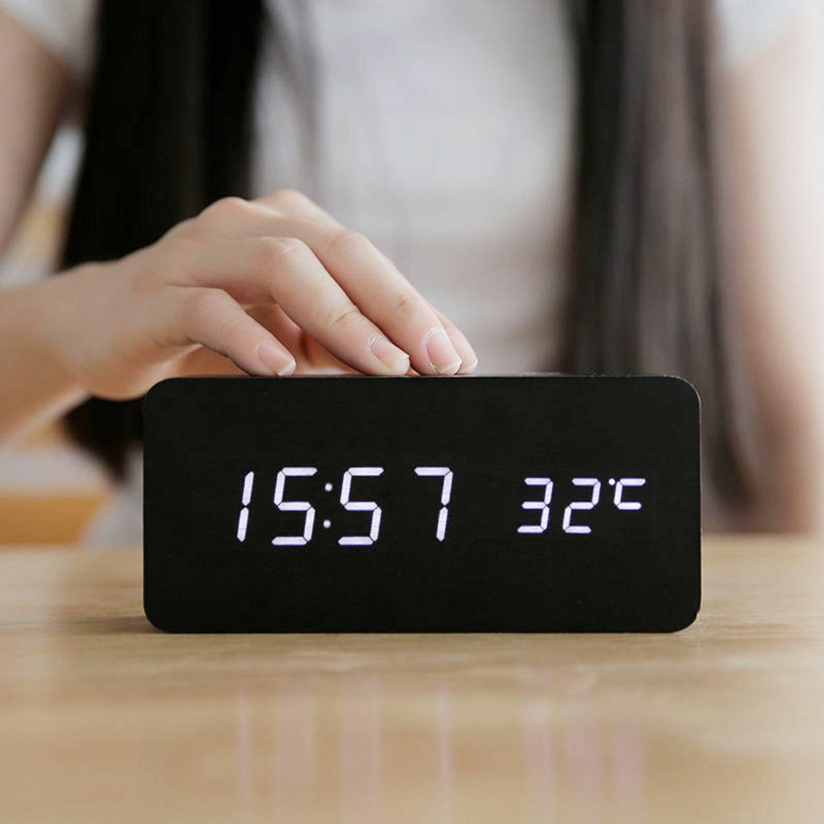 Hot Recommended Japanese Multifunctional Wood Grain Bamboo LED Clock/Alarm Clock/Thermometer/Date - Black Wood Grain Desk Alarm Clock