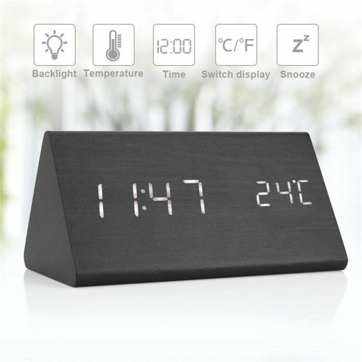 Hot Recommended Japanese Multifunctional Triangular Wood Grain Bamboo LED Clock/Alarm Clock/Thermometer/Date - Black Wood Grain