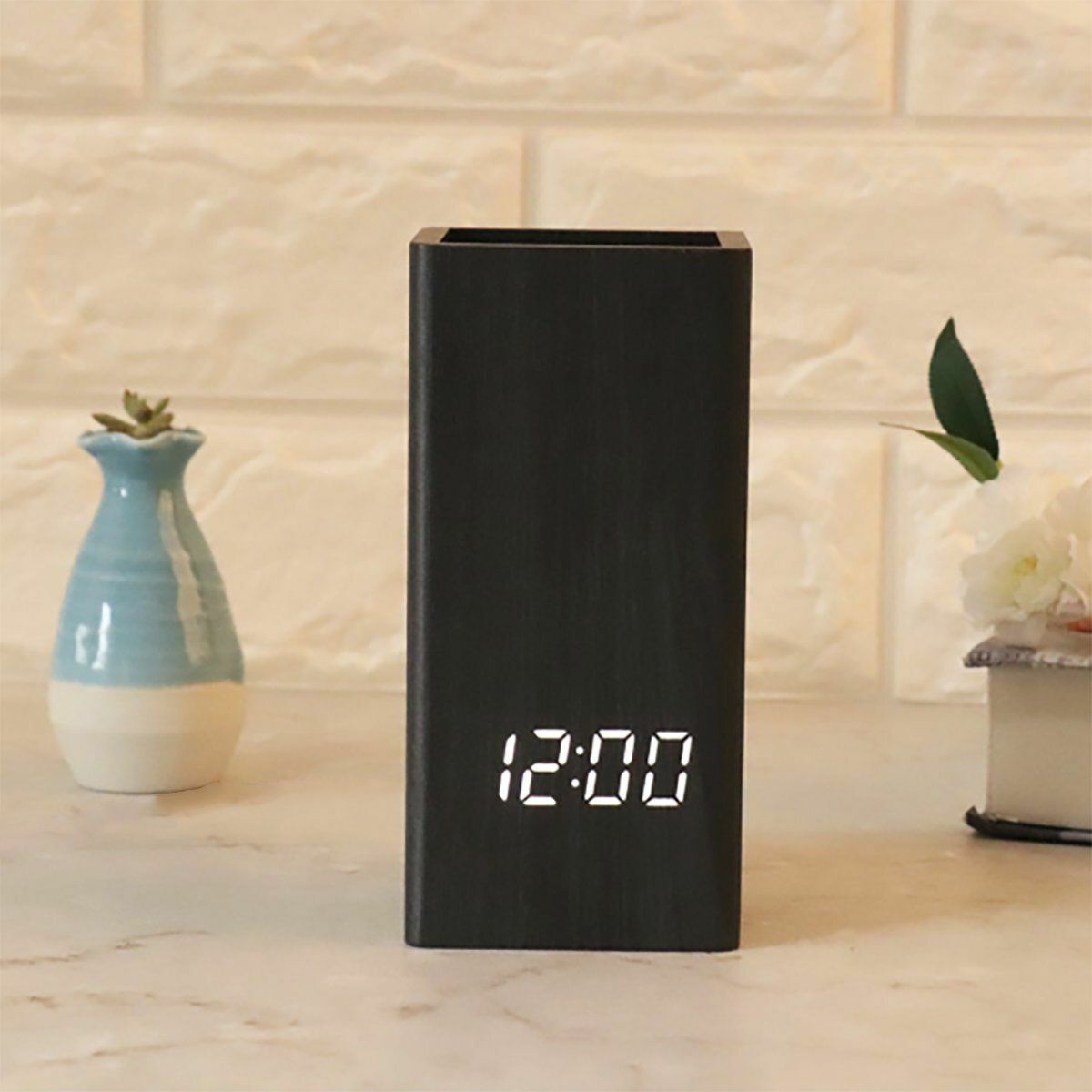 Hot Recommended Japanese Multifunctional Wood Grain Bamboo LED Clock/Thermometer/Date Pen Holder - Black Wood Storage Stationery