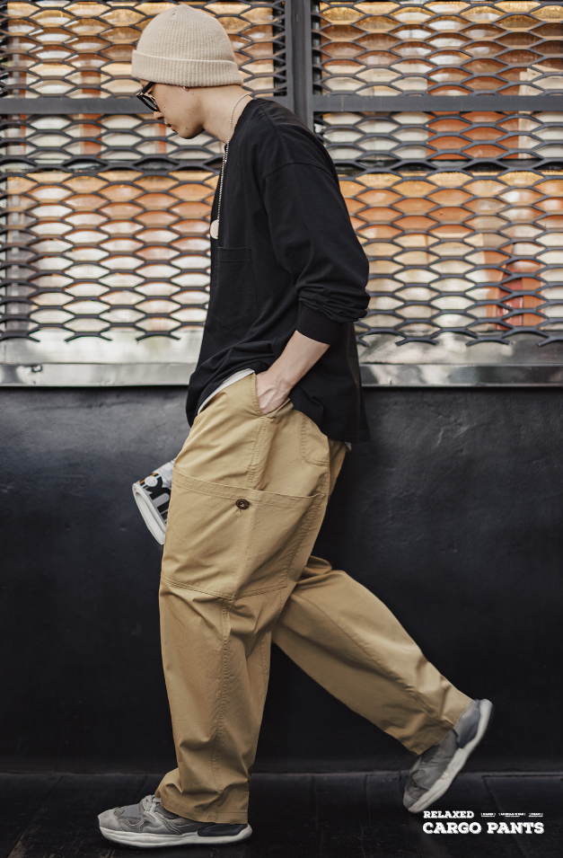 環繞大口袋廓形卡其褲