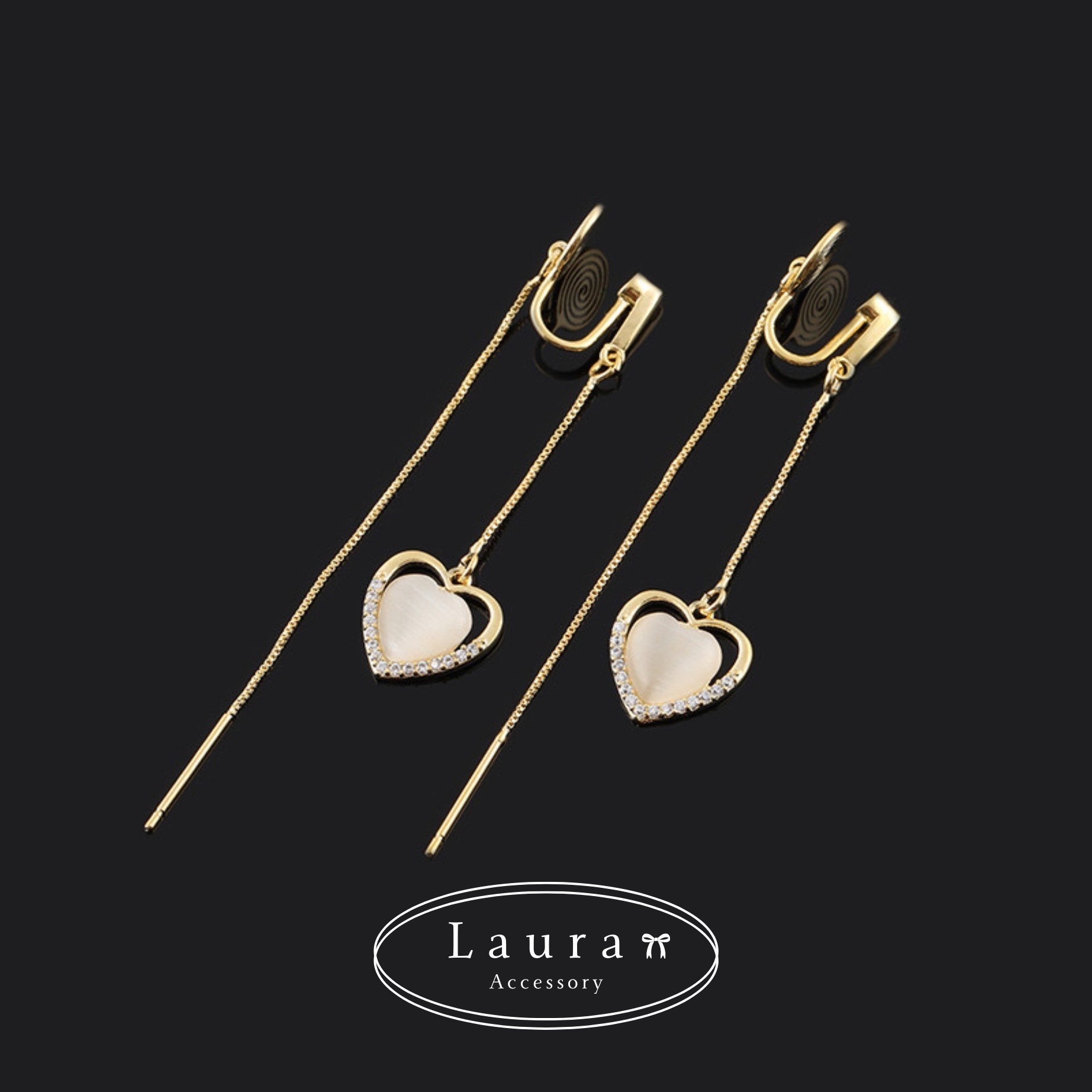 A39貓眼石愛心垂吊耳夾