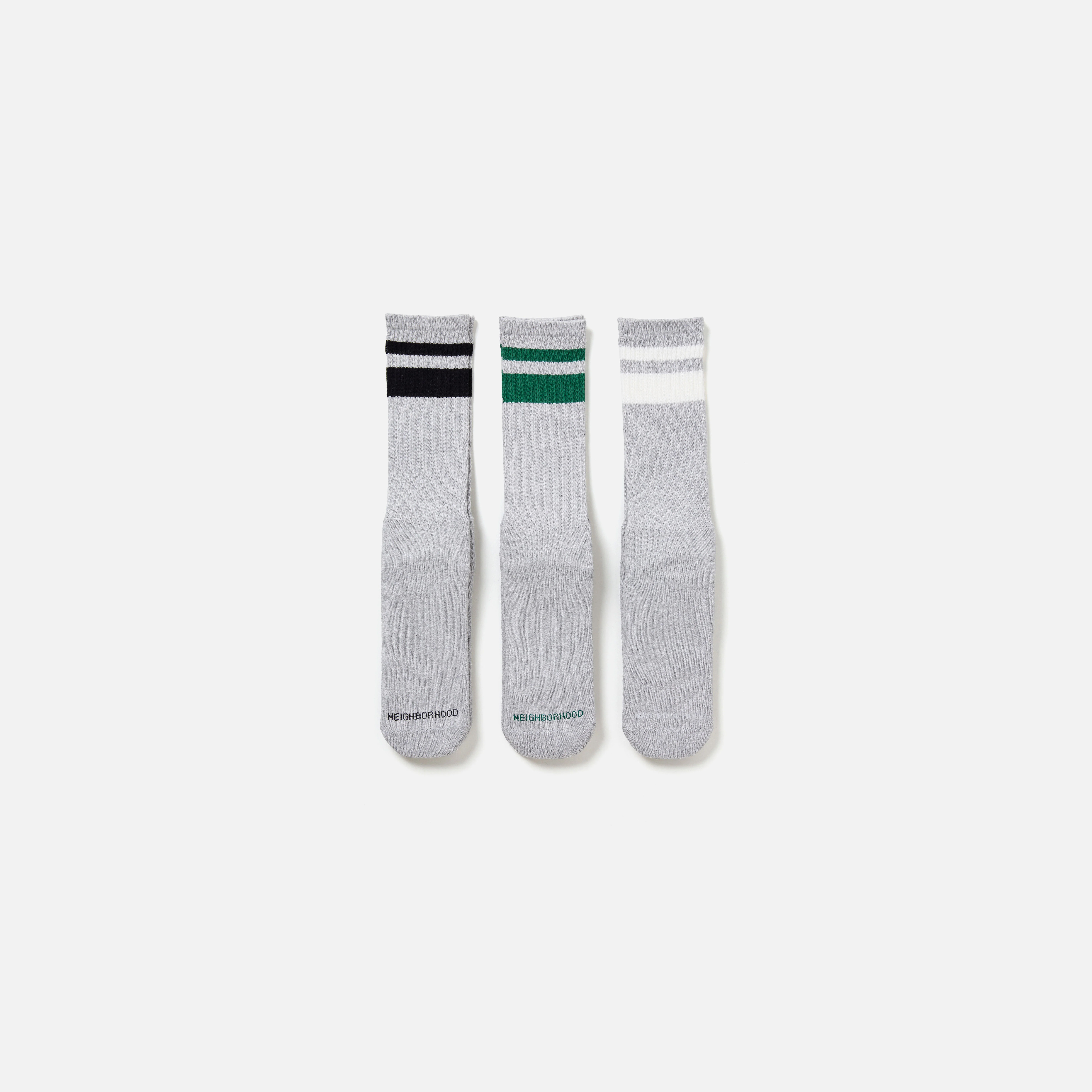 -(B3a04)-NEIGHBORHOOD CLASSIC 3PAC SOCKS 純棉 經典 條紋襪 灰/黑/白-242KWNH-UWM01