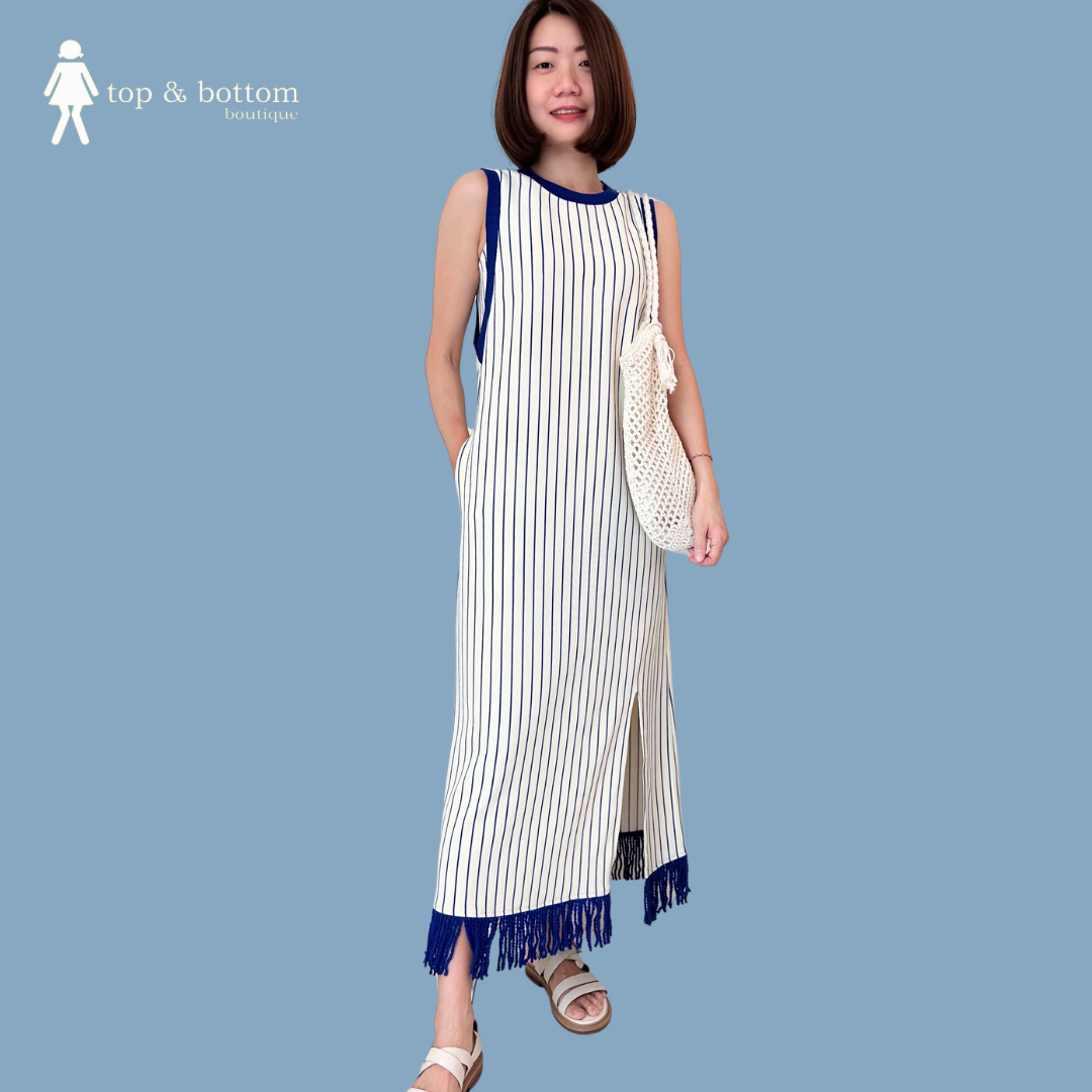 STRIPED CASUAL DRESS WITH TASSEL HEM