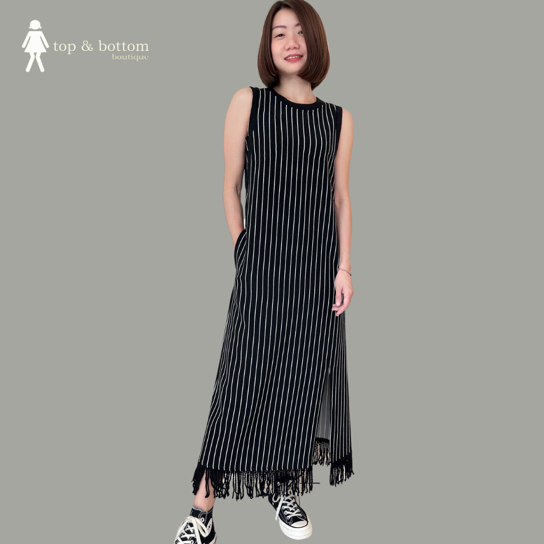 STRIPED CASUAL DRESS WITH TASSEL HEM