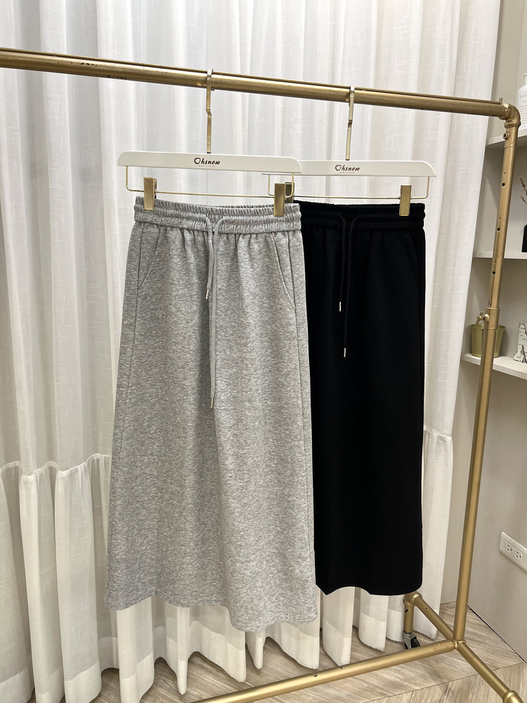 『灰』鬆緊腰抽繩後開岔長裙