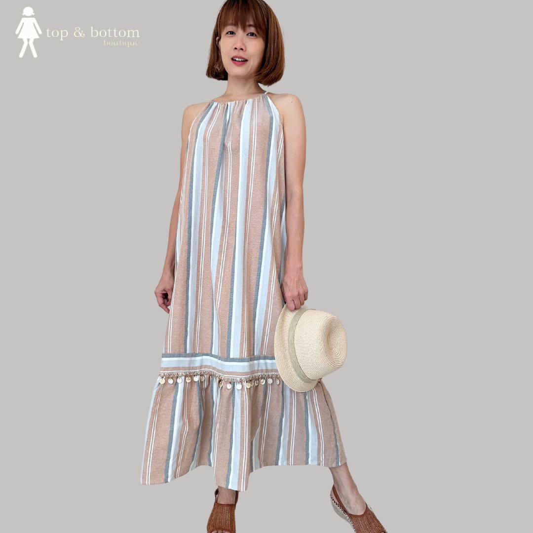 HALTER NECK STRIPED LONG DRESS WITH CROCHET OUTER (2PCS)